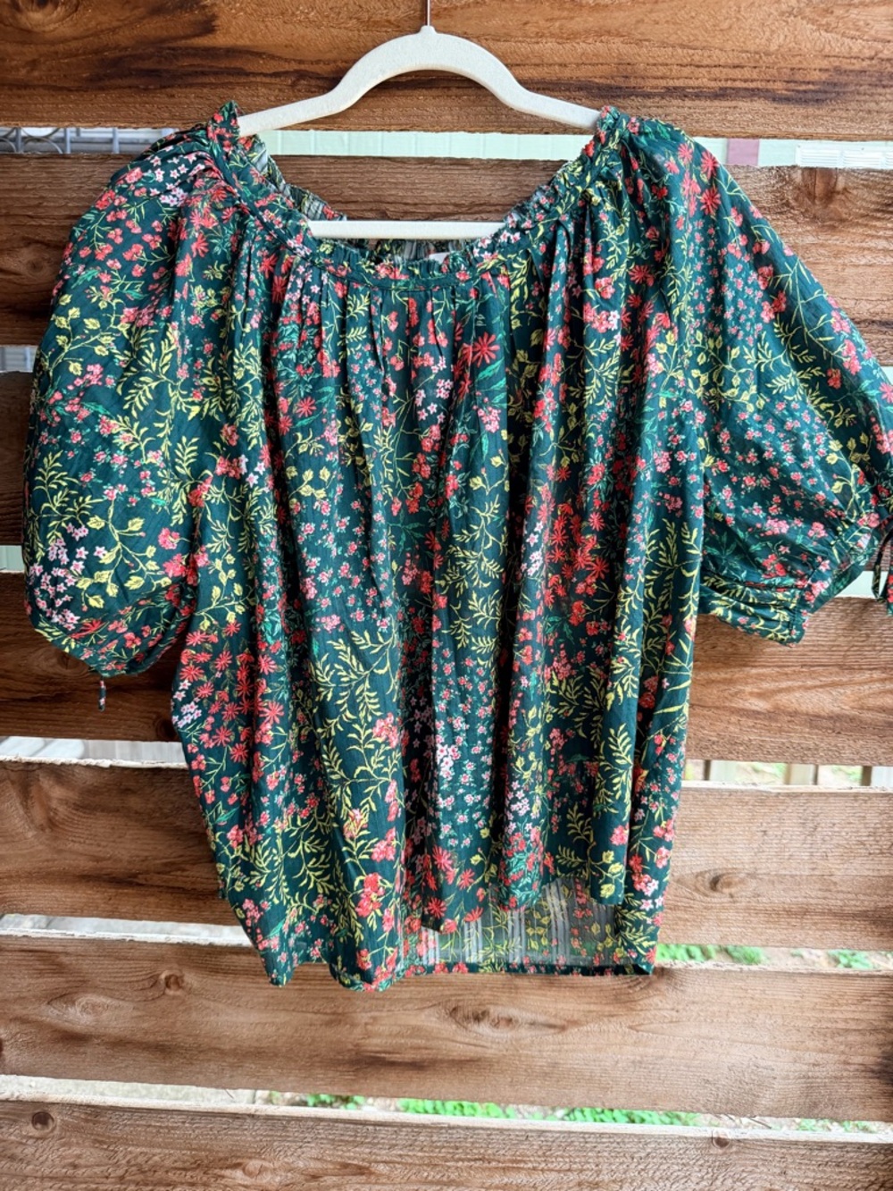 LOFT Dark Green Floral Off-Shoulder Puff Sleeve Blouse